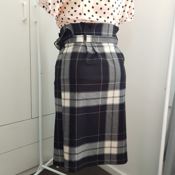 NWT AU 14 Dotti Black White Plaid Midi Belt Wrap Skirt - Picture 3 of 16